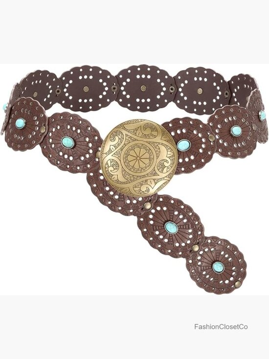 Wide Western Disc Belt with Turquoise - Boho Cowgirl Faux Leather Belt for main image 4